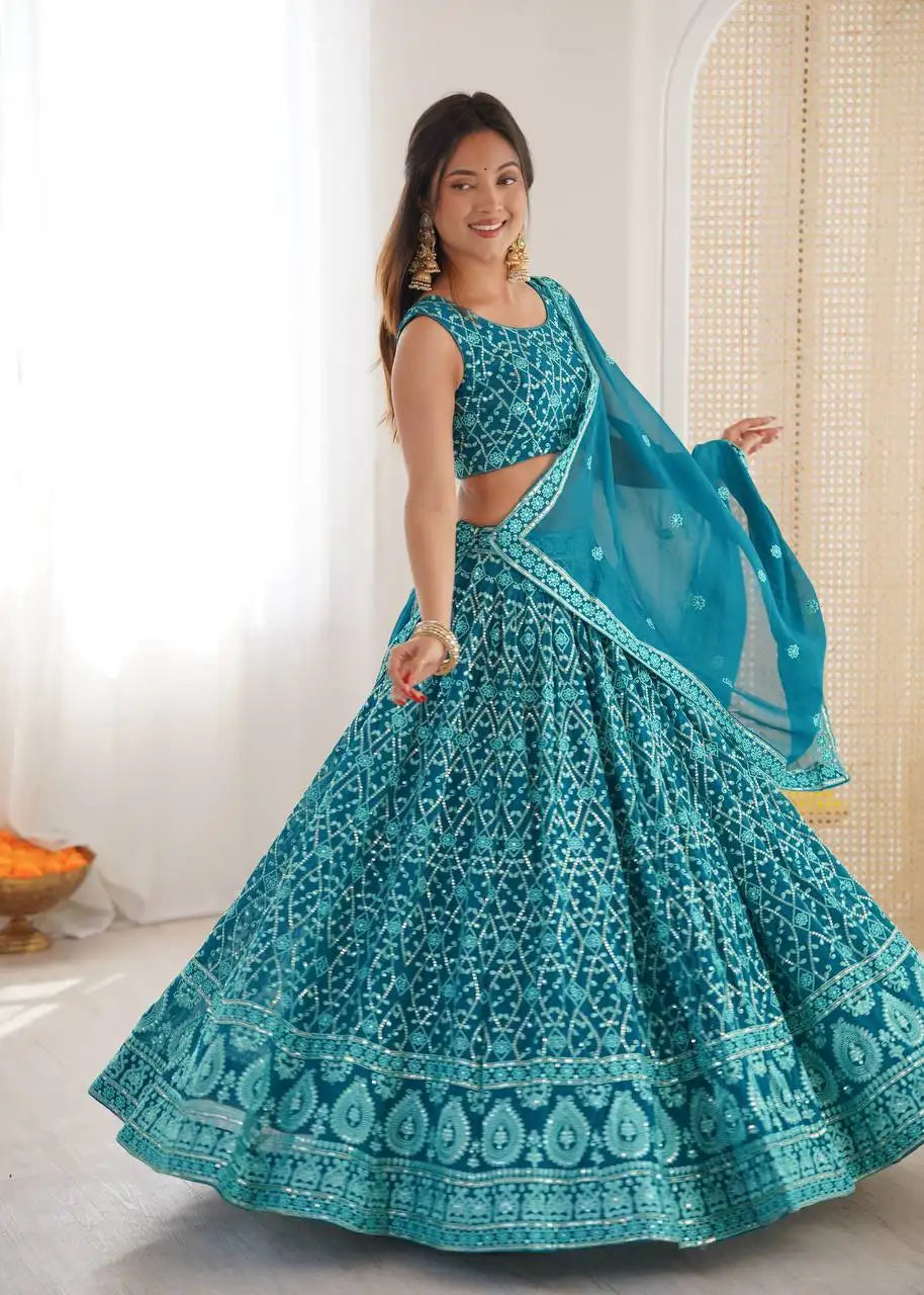 Light Sea Green Thread Embroidered Lehenga – Sequins Work, Faux Georgette, 3.5M Flair Kalyanja
